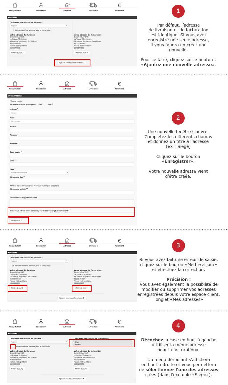 Comment créer, modifier ou choisir une adresse de livraison et facturation différente ?