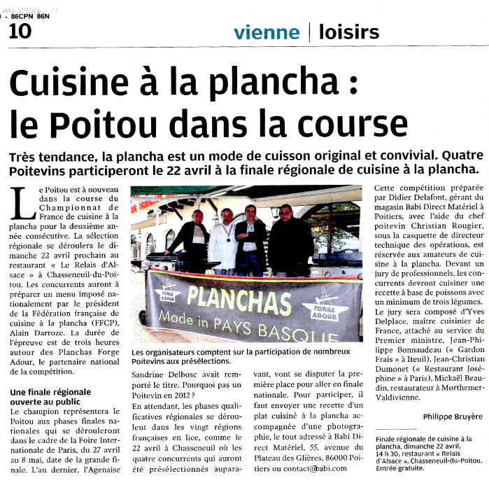 BDM coté cuisine dans le journal pour le championnat de cuisine à la plancha